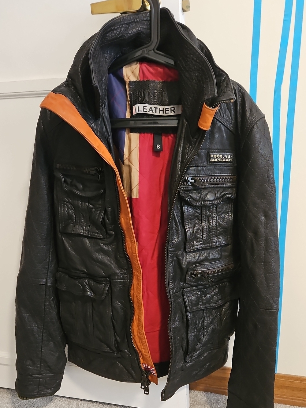 Superdry Black Leather Jacket with rare Union Jack Lining